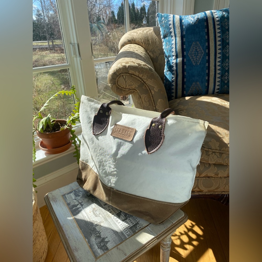 Sea Bags Chebeague Tote Recycled Sailcloth Leather Tan Waxed Canvas Made in USA - Picture 7 of 11